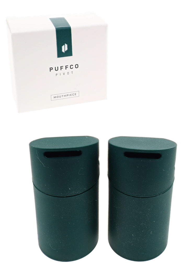 Puffco Pivot Pine mouthpiece 2-pack displayed with retail box, dark green replacement tips for the New Peak e-rig.