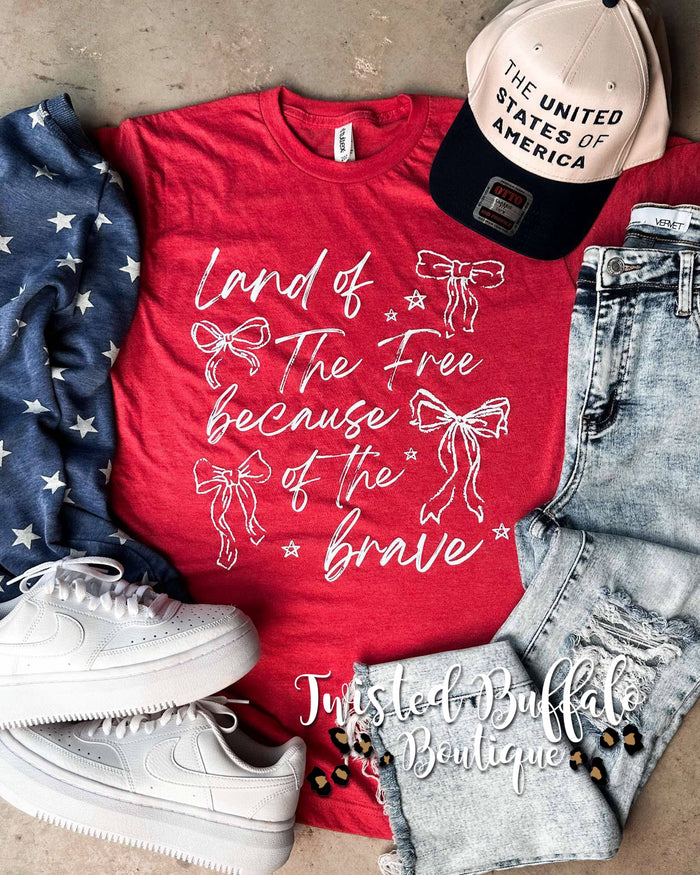 RED {LAND OF THE FREE BECAUSE OF THE BRAVE} Bows Crew Neck Tee