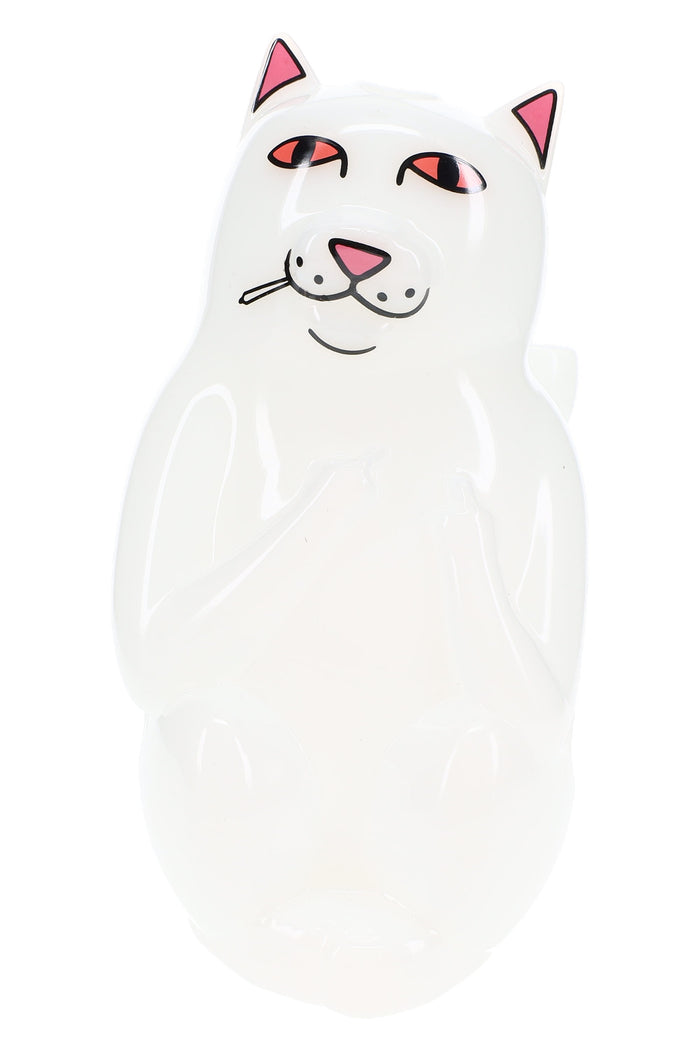 Close-up front view of High Nermal white cat bong with pink ears, red eyes and jointed tail bowl detail on clean white studio backdrop.