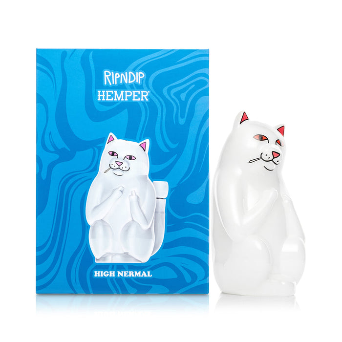 RIPNDIP x Hemper High Nermal 8-inch white cat glass bong standing beside bright blue collab box with matching artwork.