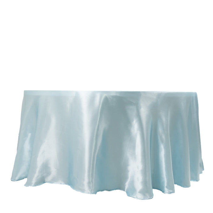 Light blue satin tablecloth draped elegantly over a round table