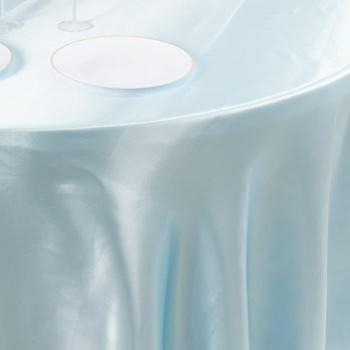Light blue satin tablecloth draping elegantly over a table.