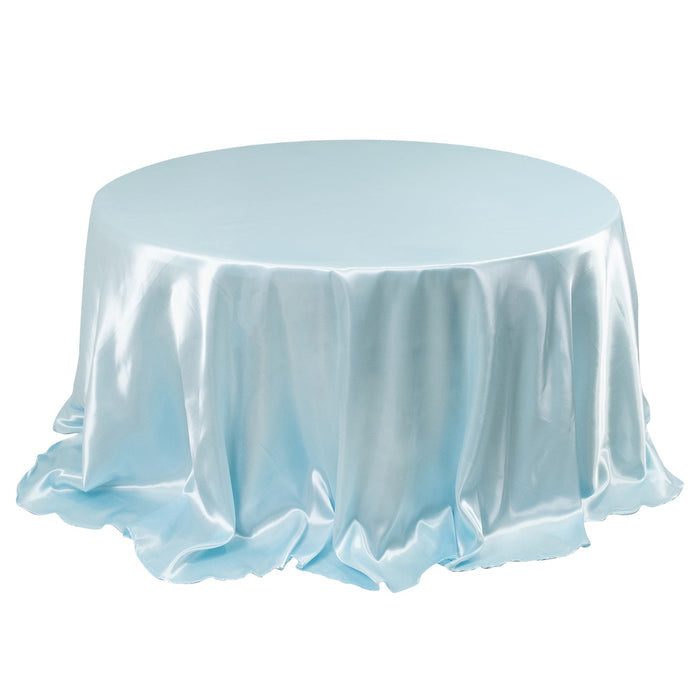 Light blue satin tablecloth draping elegantly over a round table