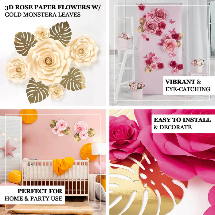 3D rose paper flowers with gold leaves, perfect for home and party use.