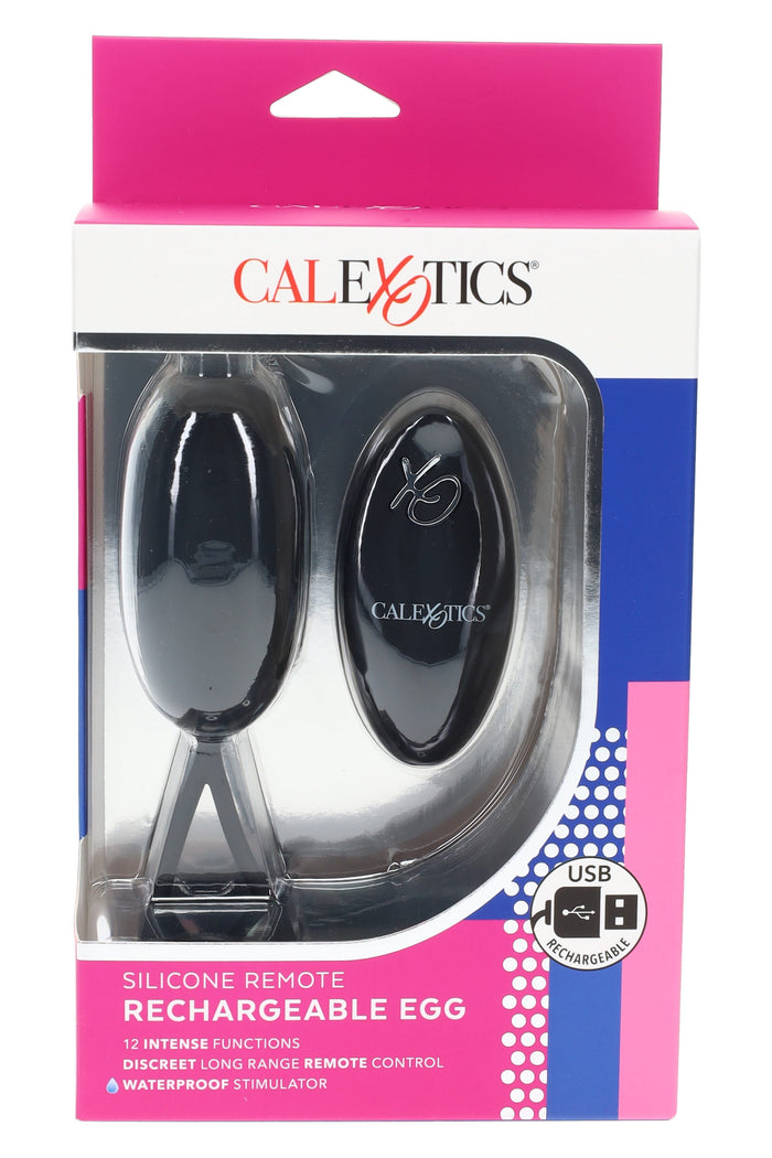 Black silicone remote egg vibrator with matching wireless controller; 12 functions, waterproof design, and USB-rechargeable power.