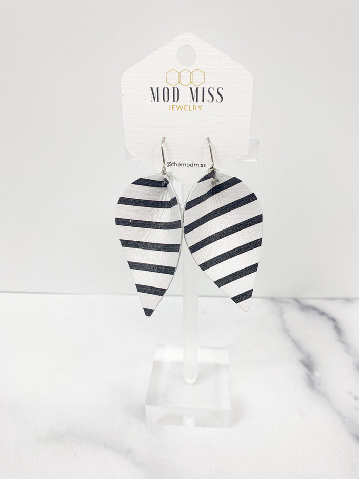 "Slammer" Black + White Striped Leather "Jo" Petal Earrings - twistedbuffaloboutique