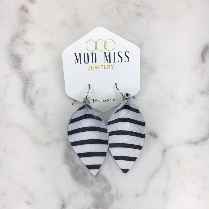 "Slammer" Black + White Striped Leather "Jo" Petal Earrings - twistedbuffaloboutique