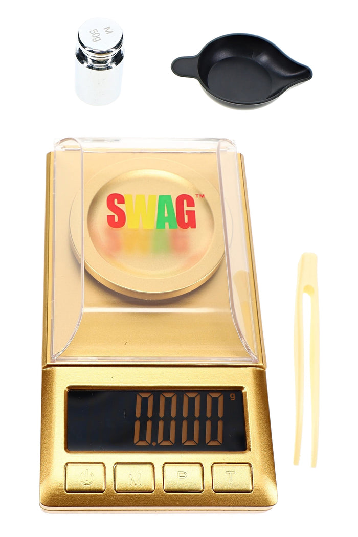 Gold Swag digital pocket scale with tray, 50 g weight, tweezers, and precision weighing platform
