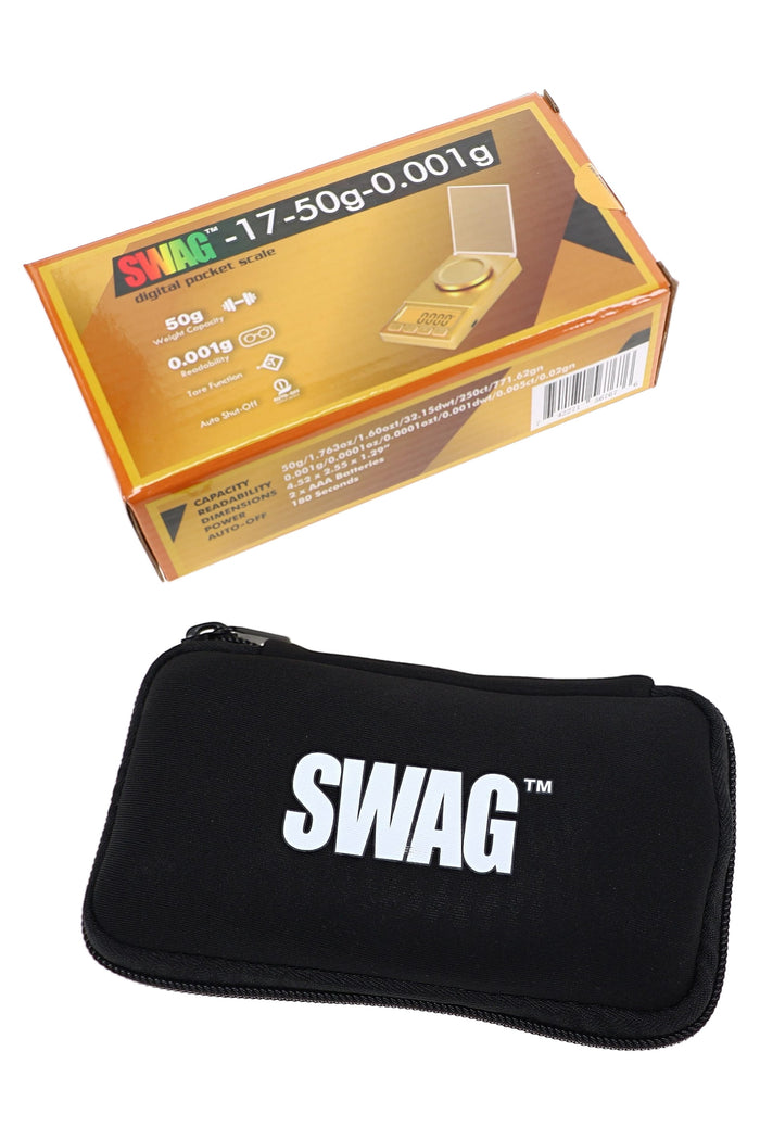 Boxed Swag 50 g digital pocket scale with black zippered case and included measuring accessories