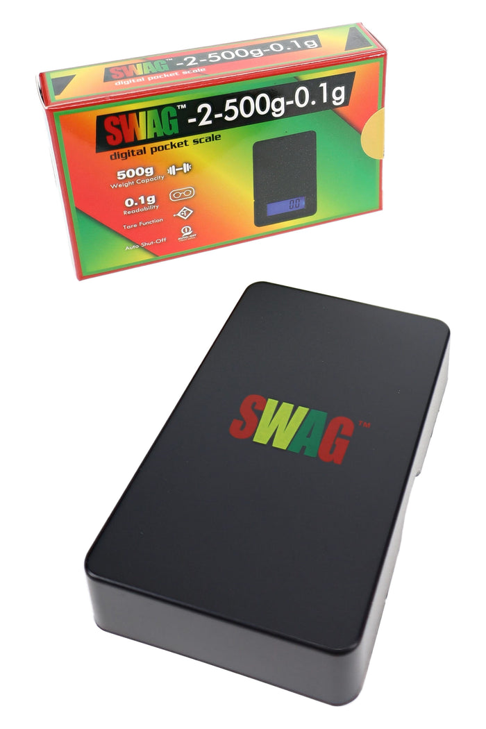 Boxed Swag digital pocket scale in black with retail packaging and compact weighing tray