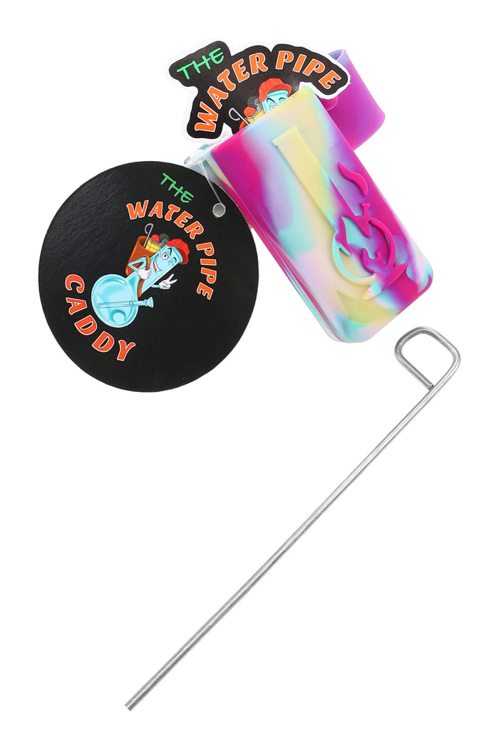 Multicolor silicone water pipe caddy with embossed bong logo and included metal poker tool laid out on white background.