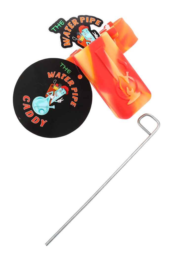 Red and orange silicone water pipe caddy with logo and included metal poker accessory on a clean white background.