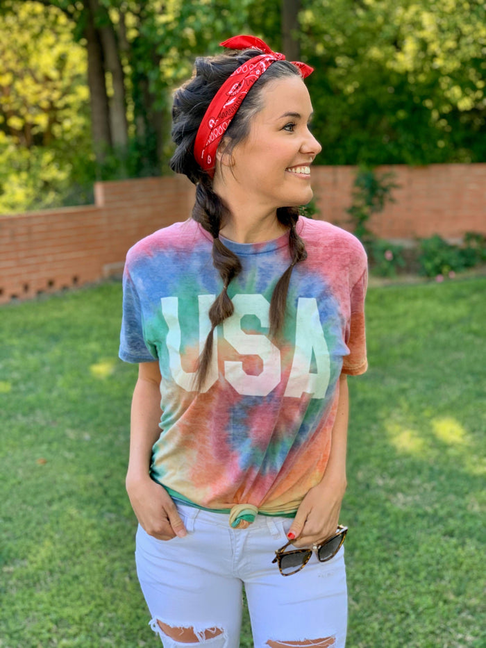 {ULTRA SOFT TIE DYE USA} Multi-Colored Acid Wash Crew Neck Tee