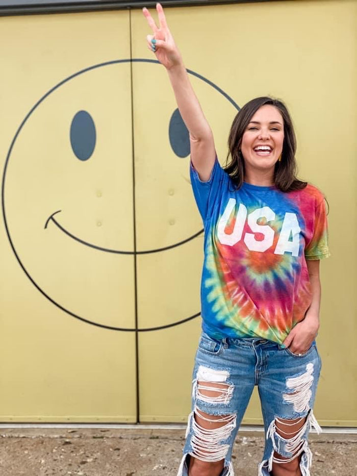 {ULTRA SOFT TIE DYE USA} Multi-Colored Acid Wash Crew Neck Tee
