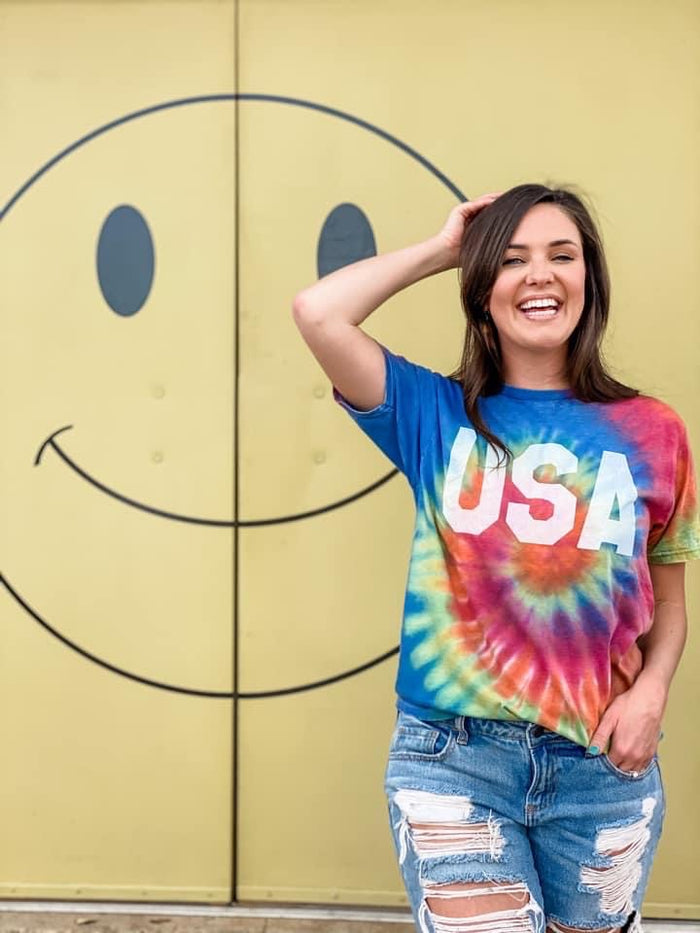 {ULTRA SOFT TIE DYE USA} Multi-Colored Acid Wash Crew Neck Tee